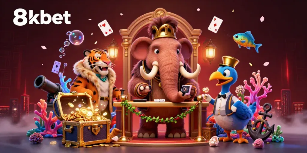 Engage with 8xbet's vibrant casino scene featuring a woolly mammoth bouncer and saber-tooth tiger guest.