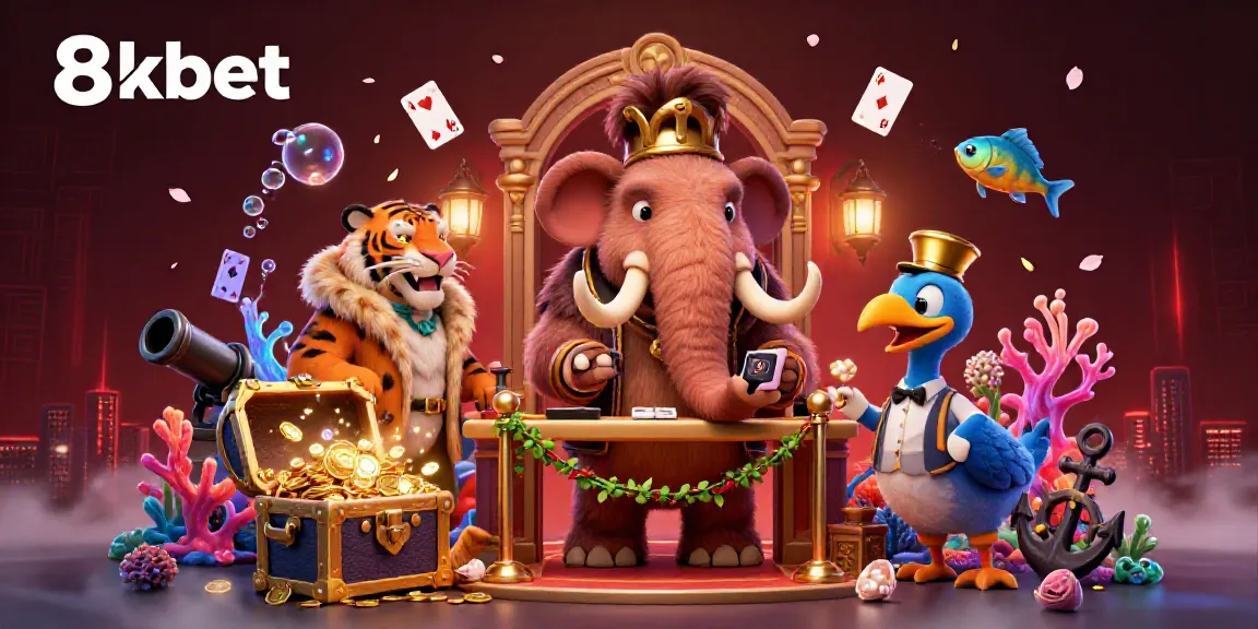 Engage with 8xbet's vibrant casino scene featuring a woolly mammoth bouncer and saber-tooth tiger guest.