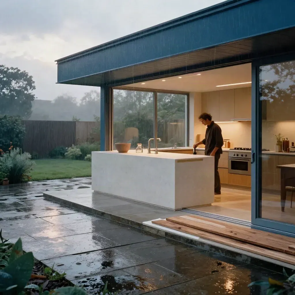 Rear extension and fitted kitchen opening to wet patio after rain, with timber, glazing and garden.