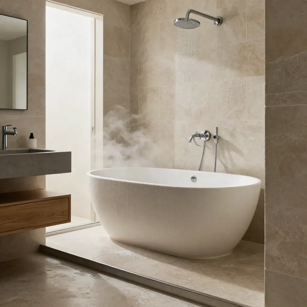 Steam-lit renovated bathroom with tiled walls, freestanding bath, vanity, and chrome shower