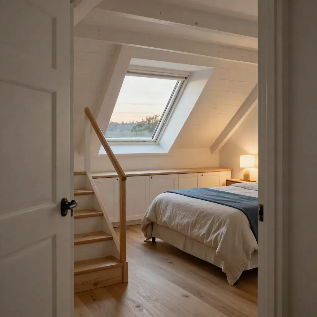 Finished loft bedroom with dormer, built-ins, white rafters and a compact stair opening at dusk.