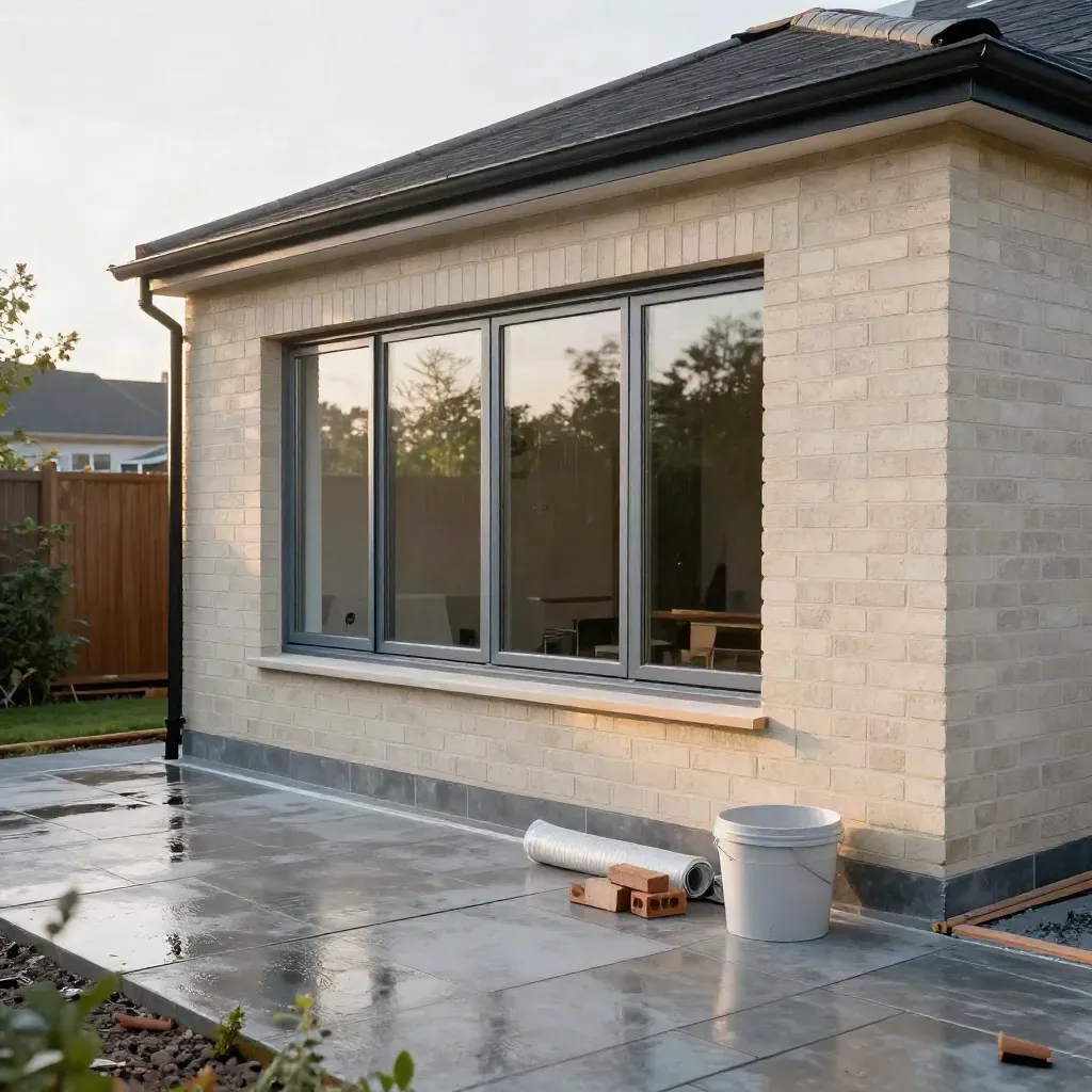 Wet rear extension in pale brick with aluminium sliders, viewed from the garden after rain.