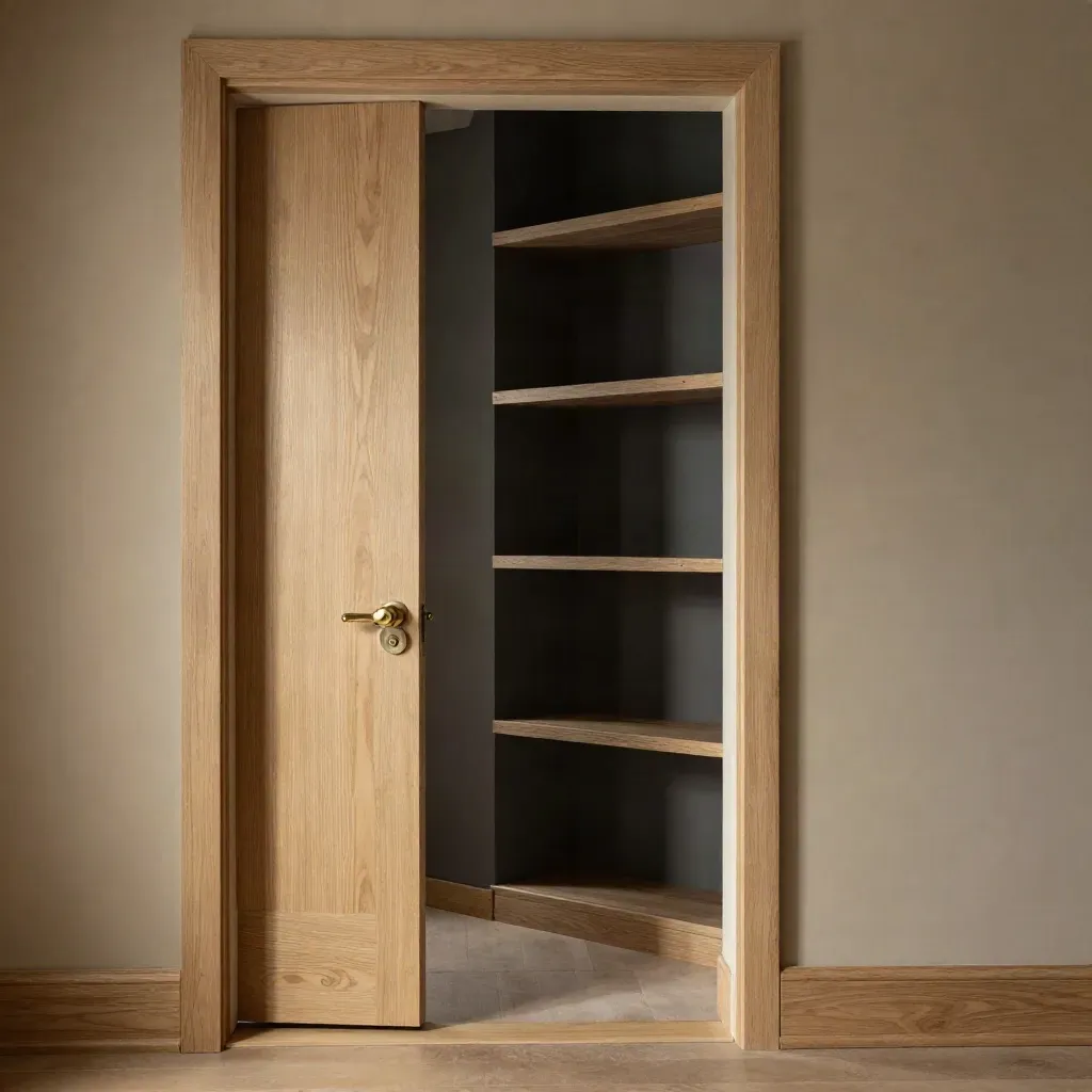 Finished hallway joinery with oak skirting, flush door leaf and built-in shelving in dramatic daylight.