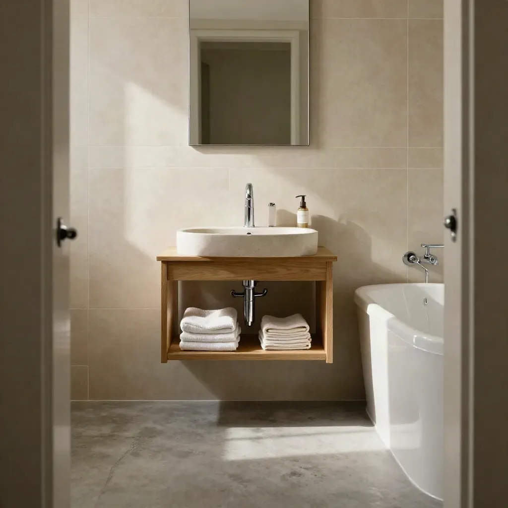 Fresh family bathroom with matte tiles, wall-hung vanity, chrome bath filler and folded towels.