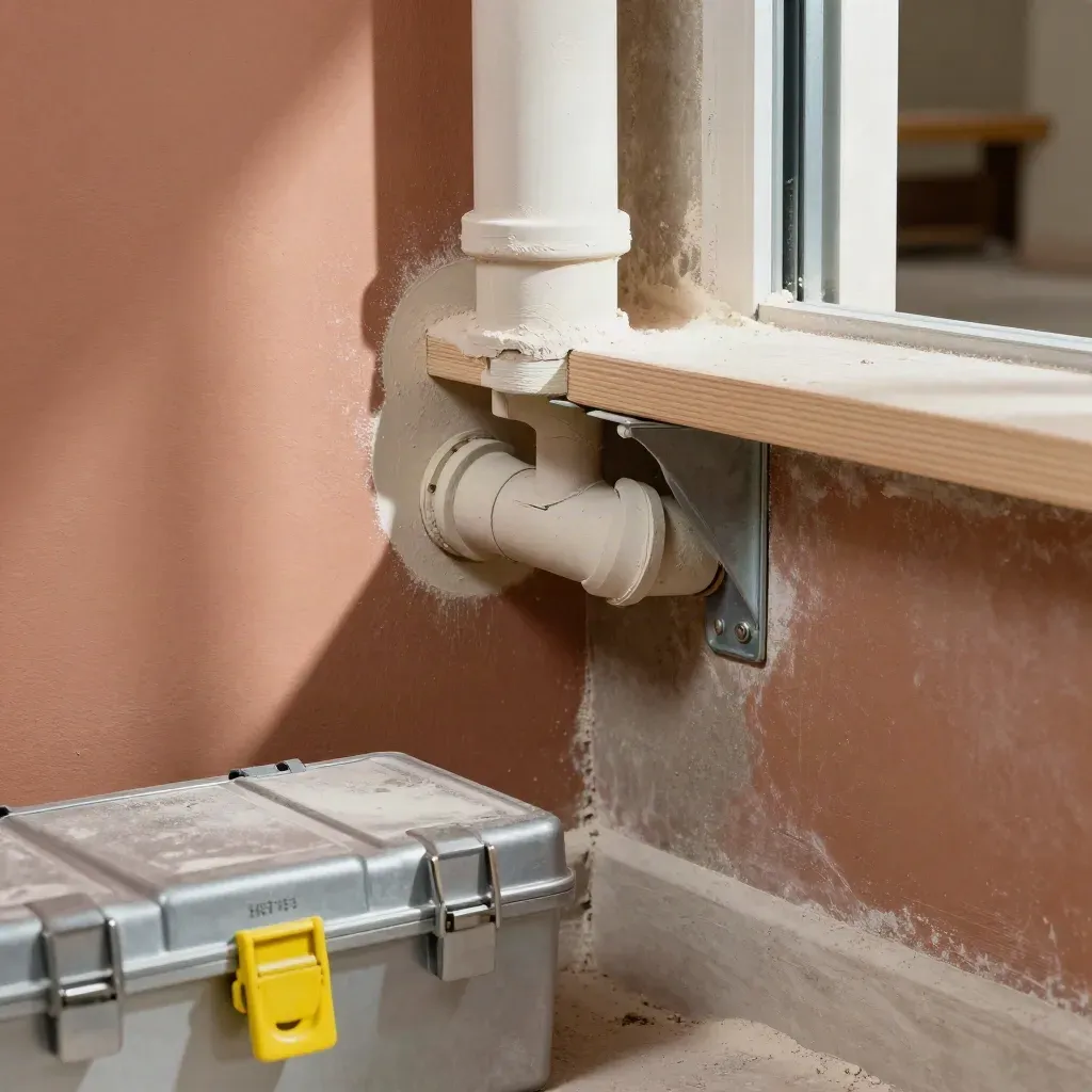 Repaired utility corner with pipe joint, plaster patch, shelf bracket and yellow toolbox