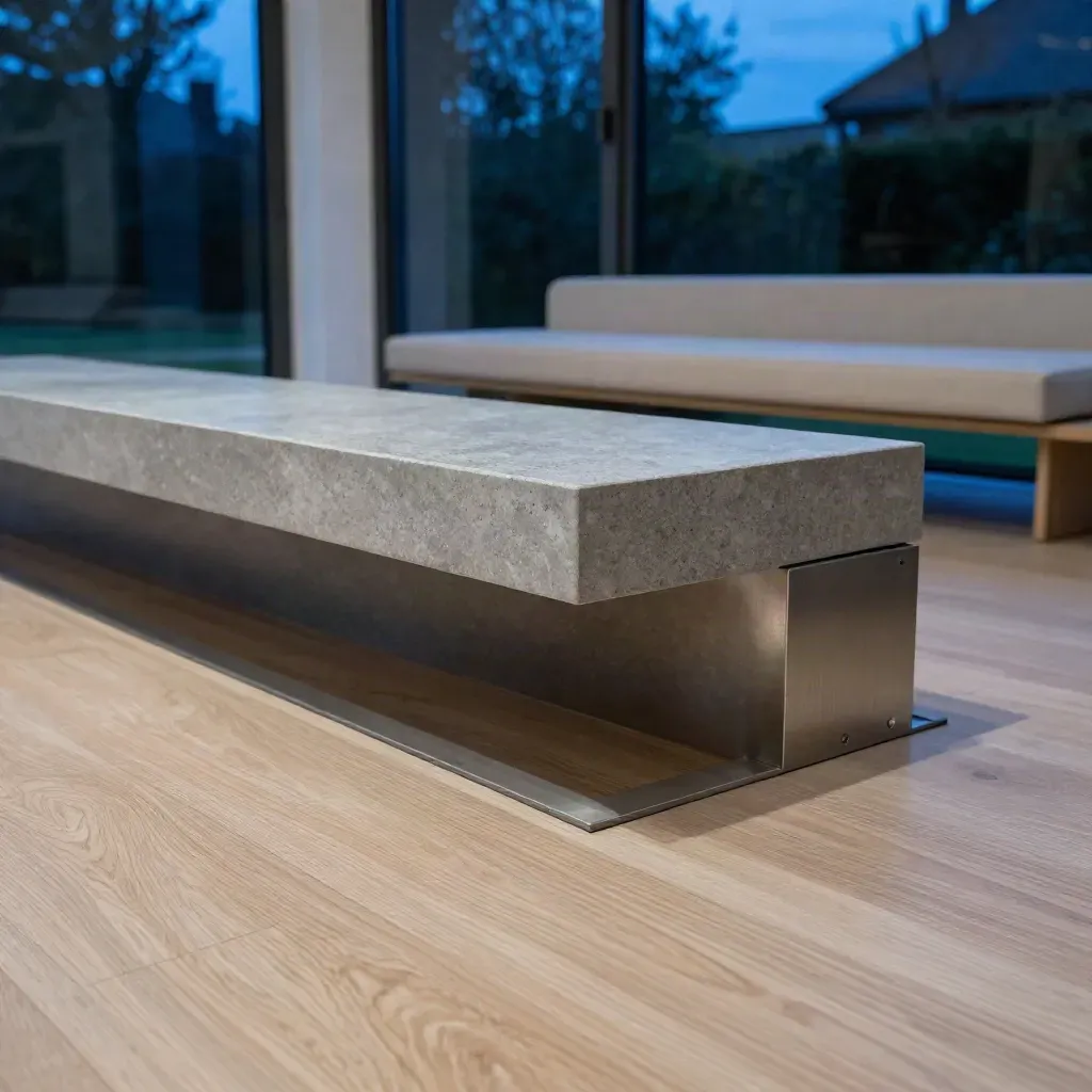 Macro of oak flooring, stone island, and built-in bench in a finished kitchen extension at blue hour.