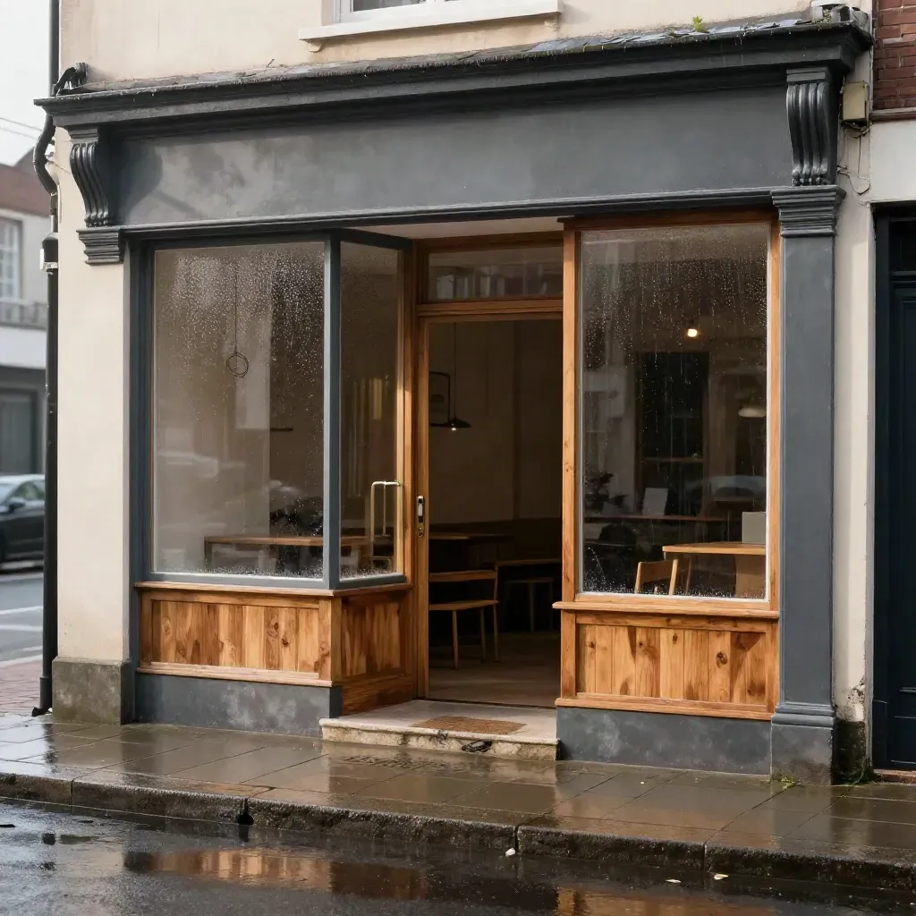 Restored timber-and-glass shopfront with wet pavement reflection after repairs