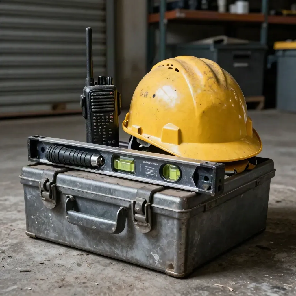 Hard hat, radio, torch and level on a scratched steel toolbox in dramatic workshop light.