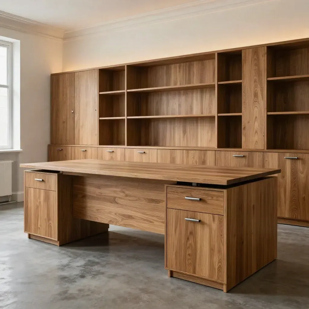 Empty office with bespoke joinery, flush desks and repaired door casings, lit warmly at dawn.