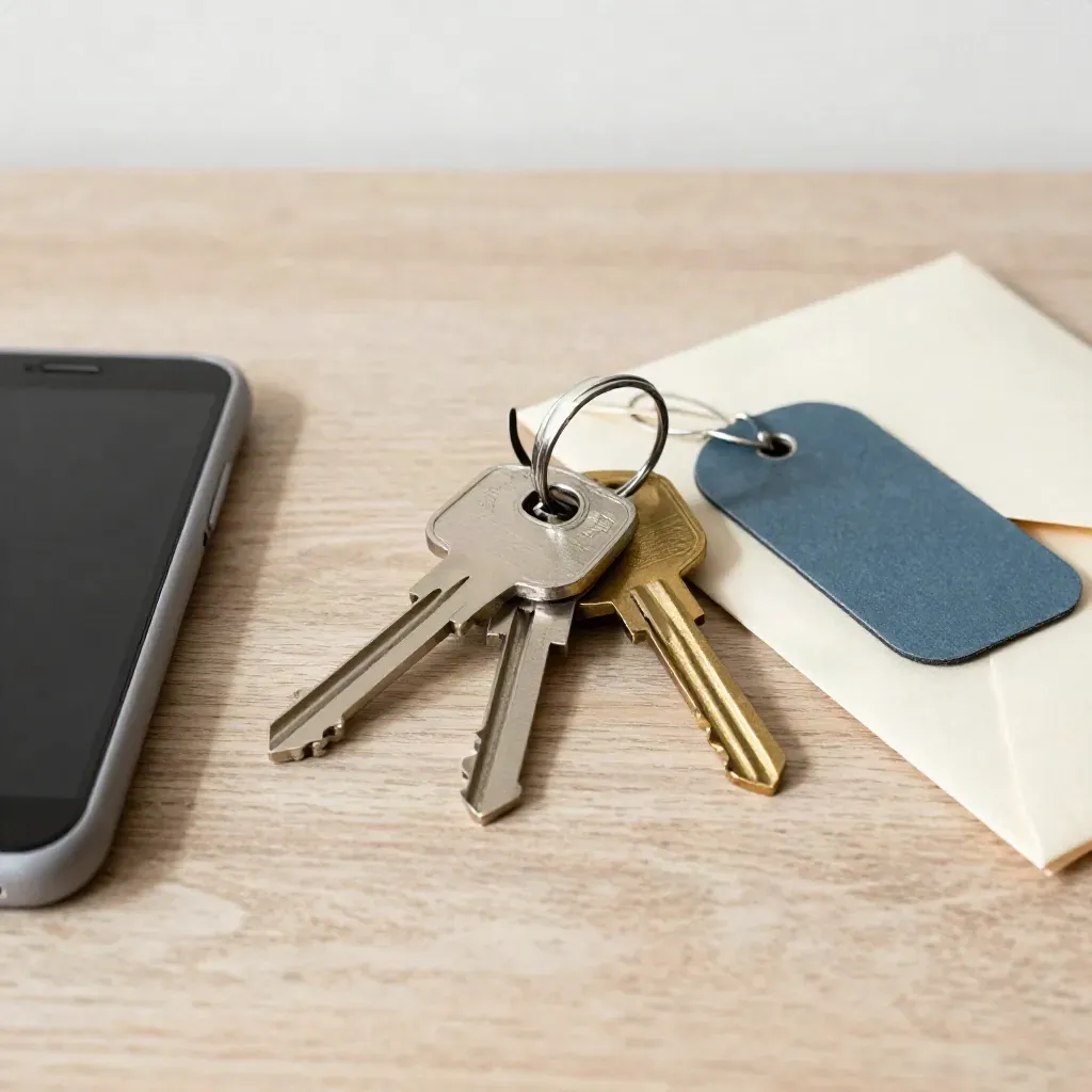 Top-down keys, face-down phone, envelope, and slate-blue location tag on pale wood