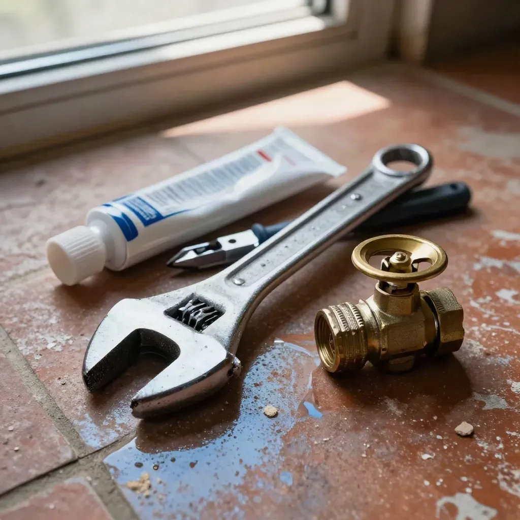 Overhead macro of wrench, sealant tube, screwdriver and valve on terracotta tiles.