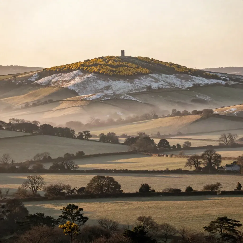 Golden Surrey Hills ridge with a distant tower above misty woodland and open chalk downs