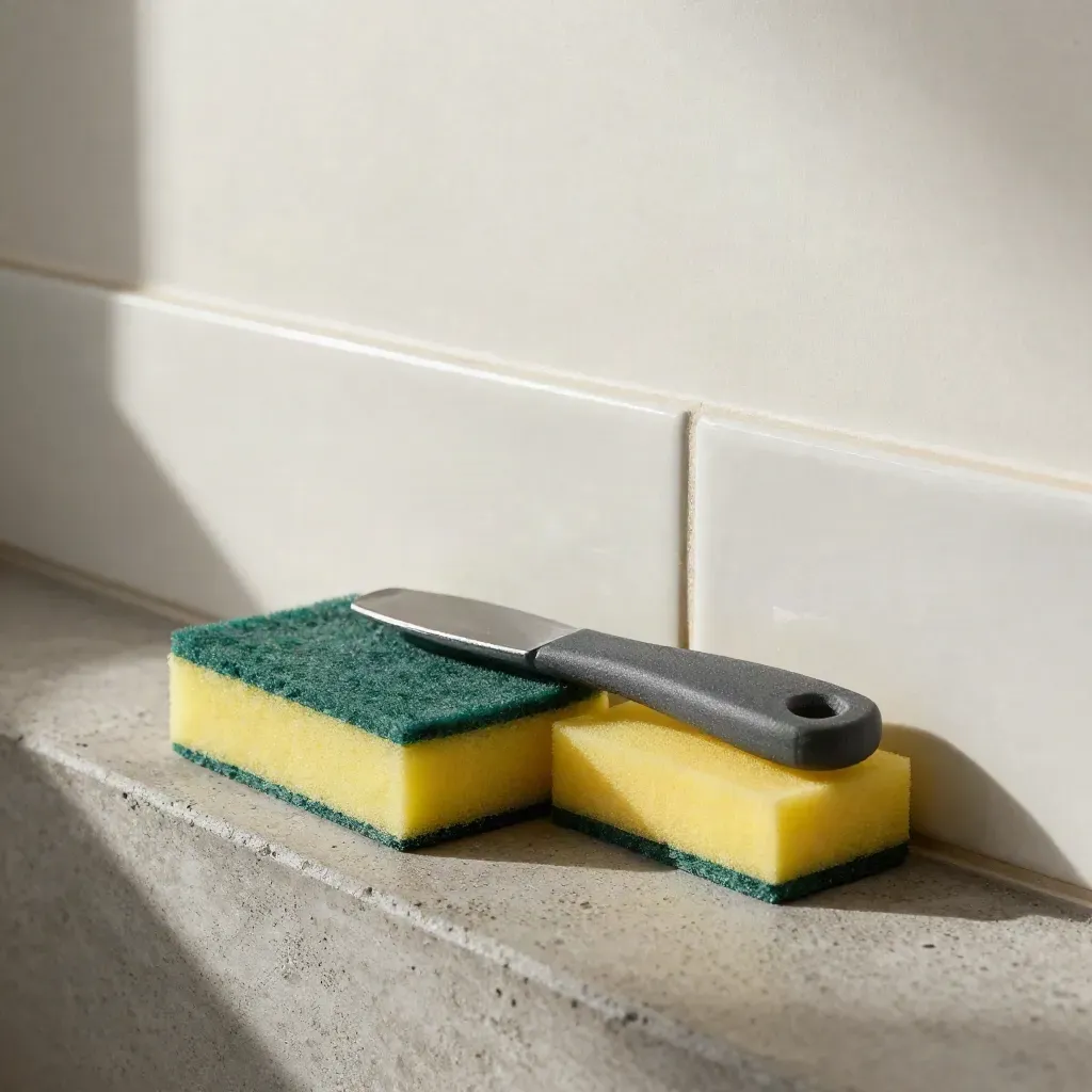 Grout sponge, silicone tool and glossy tile corner on a concrete shelf