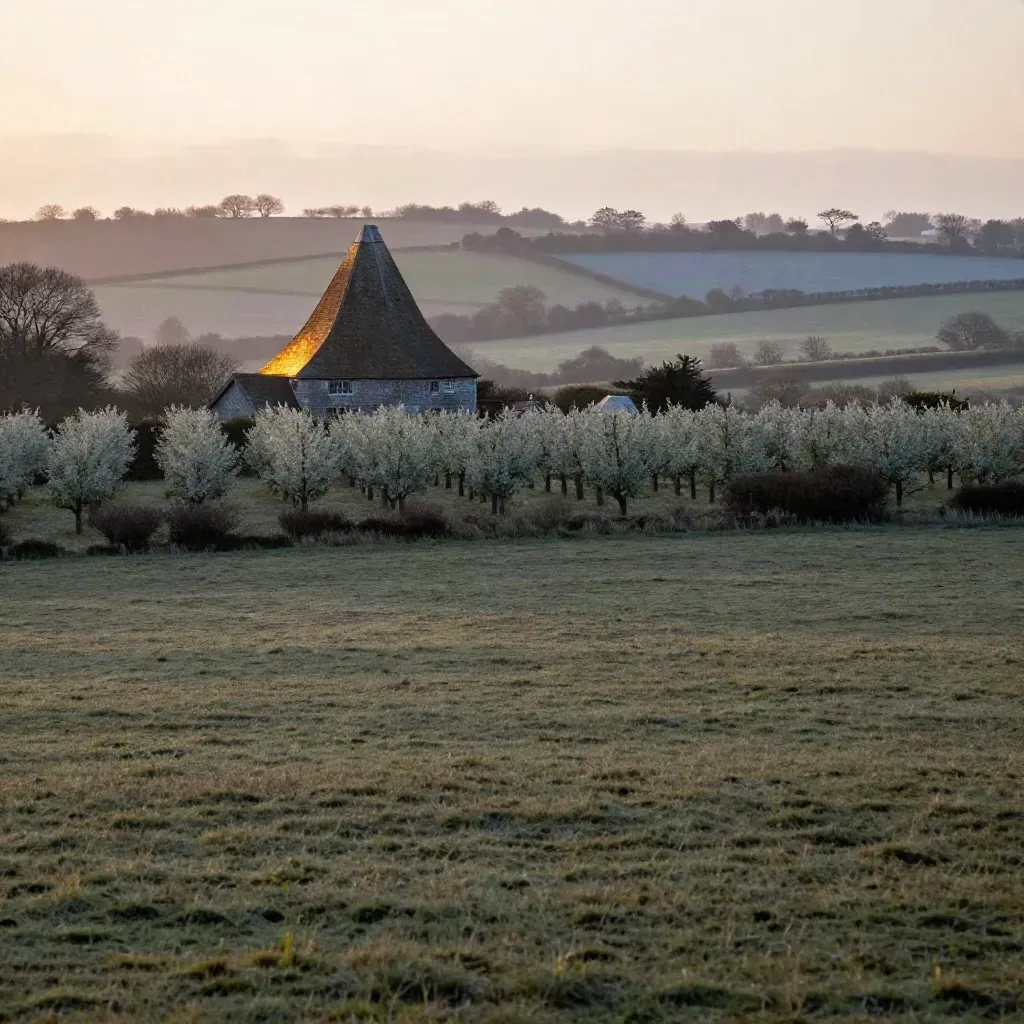 Oast house above misty Kent orchards and hedgerows at sunset