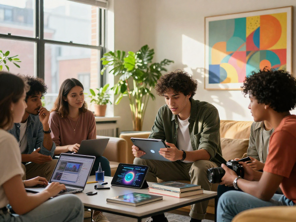 Youthful friends discussing advanced 18+ ai technology in a modern urban loft.