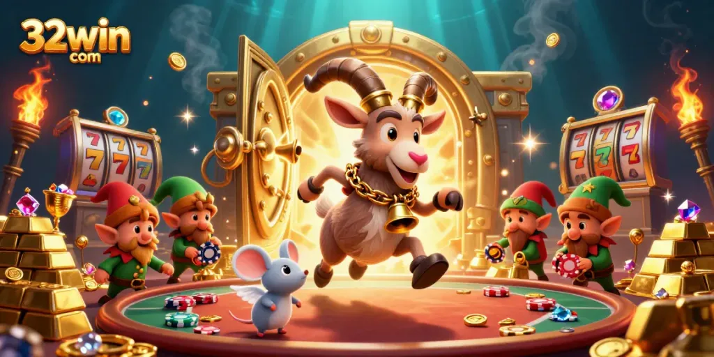 Experience the excitement at 32win com with a lively casino scene filled with festive characters and dazzling treasures.