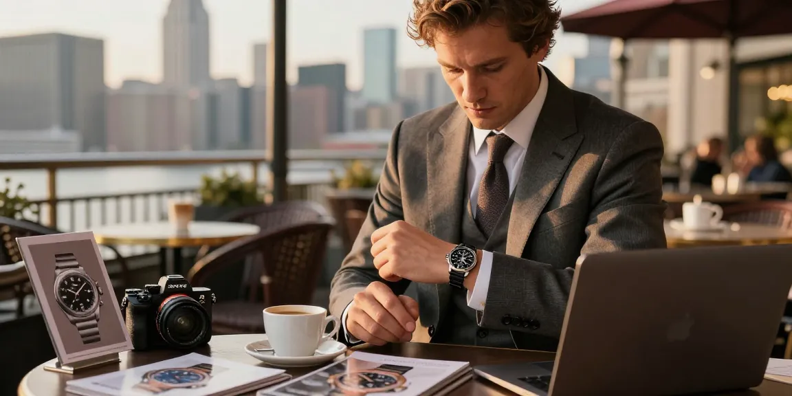 Man in a chic café showcasing premium clone watches with stylish urban backdrop.
