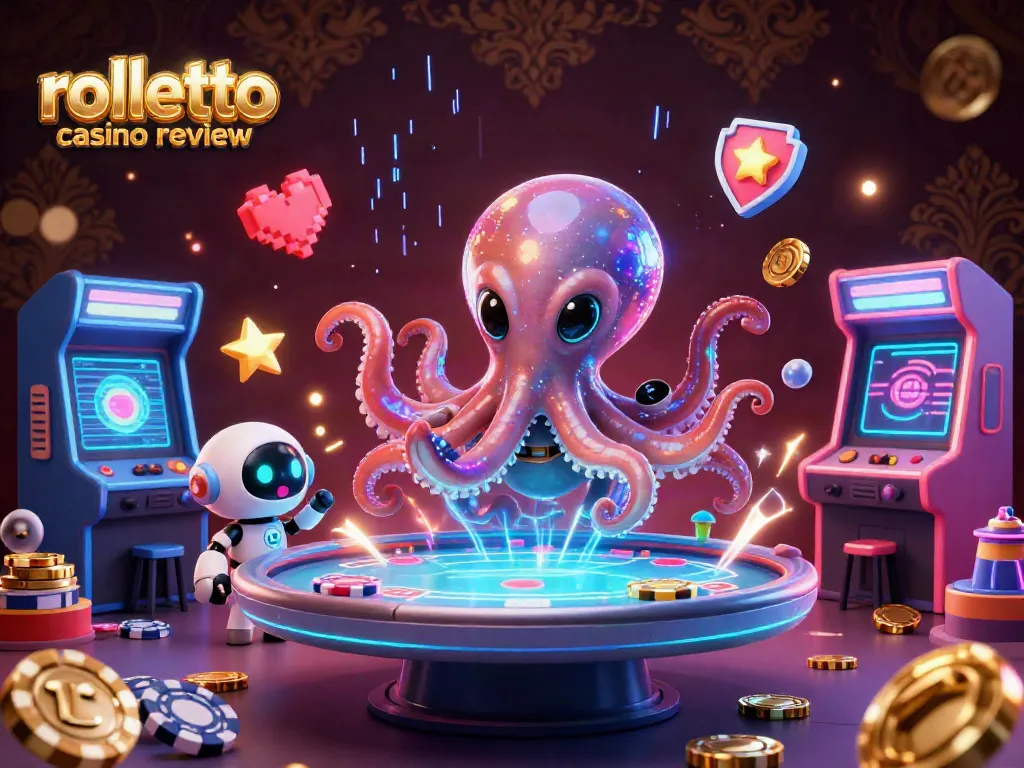 Engage in the rolletto casino review with an alien octopus at a holographic poker table amidst vibrant game elements.