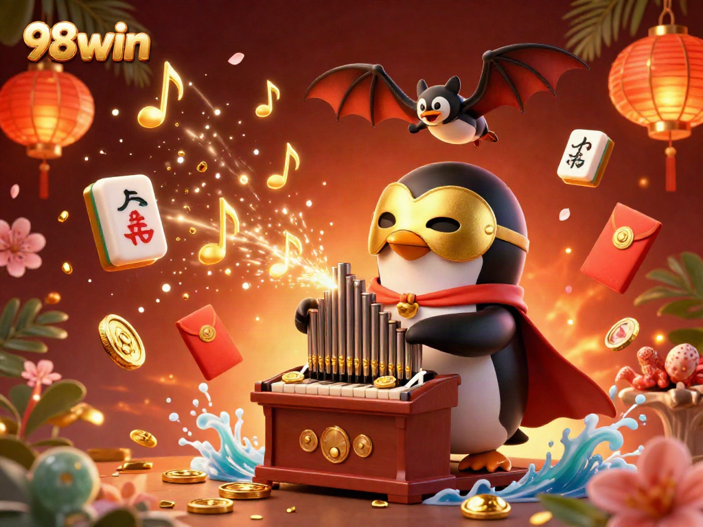 Engage with exciting 98win casino games through a vibrant 3D illustration of a triumphant penguin surrounded by golden treasures.