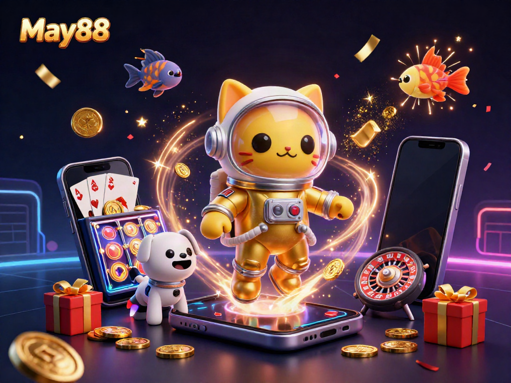 Experience May88's thrilling casino games with a vibrant 3D scene of fun characters and dynamic betting elements.