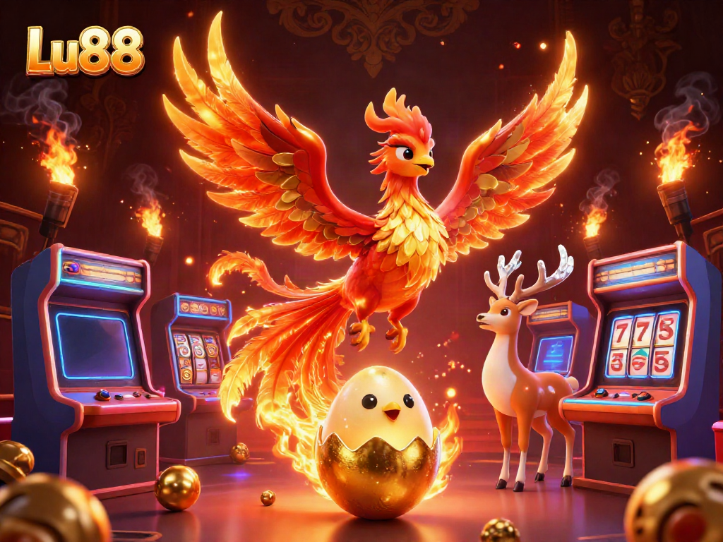 Win big with Lu88 in this vibrant 3D casino scene featuring dynamic gaming elements.