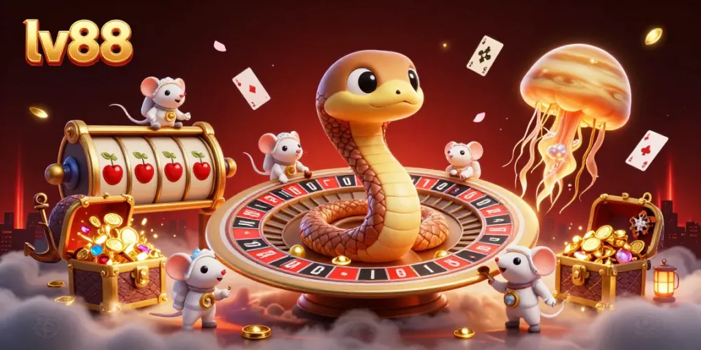 Spin the lv88 roulette wheel with cartoon characters placing bets amidst vibrant gaming elements.