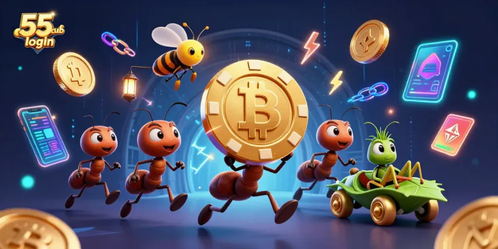 Engage with the thrilling 55 club login scene featuring a heist by cartoon ants, crypto coins, and vibrant casino elements.