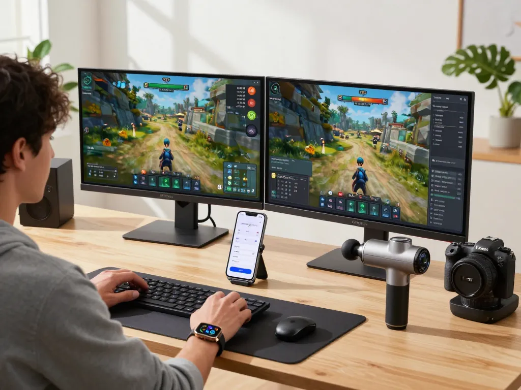 Explore trending tech gadgets in a vibrant home workspace with gaming setup, smart devices, and a wellness focus.