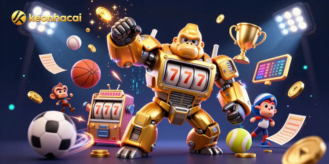 Experience thrilling wins at keonhacai with a dynamic illustration of vibrant sports balls and a golden gorilla mech.