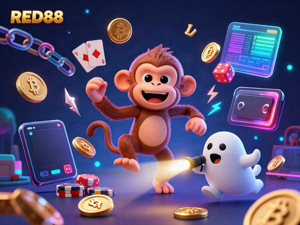 Experience the thrills of RED88 with a mischievous ghost monkey and a ghost-hunter puppy in an enchanting casino!