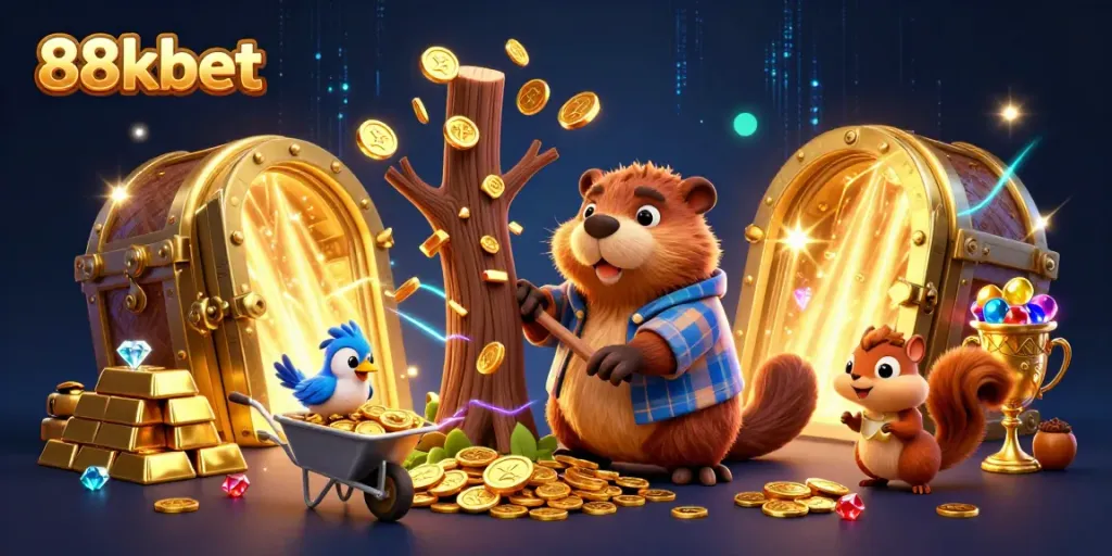88kbet features a lively illustration of playful characters celebrating wins amid gold and jewels.