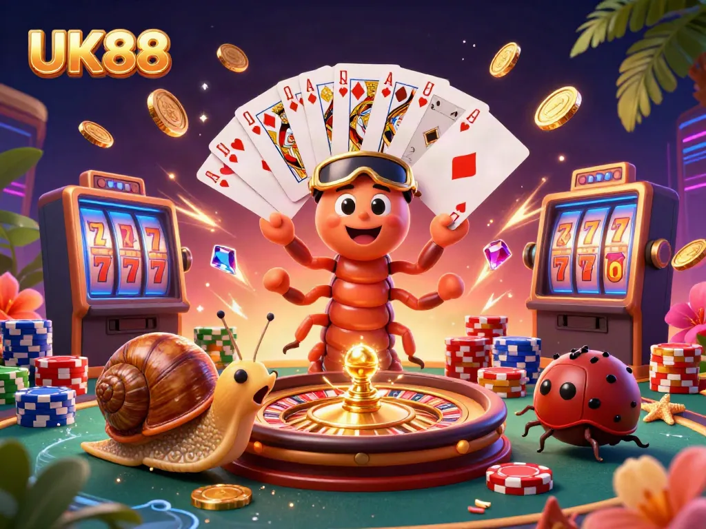 Experience thrilling gameplay at UK88 with lively dealer characters in a dynamic casino illustration.