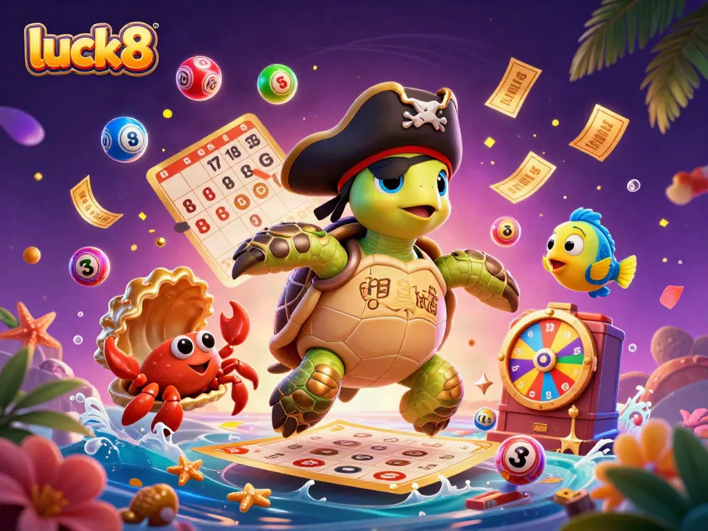 Engage with luck8's vibrant gaming scene featuring a pirate turtle and colorful lottery elements.