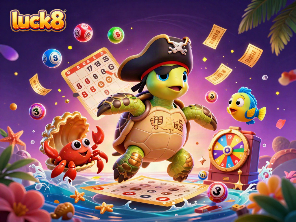 Engage with luck8's vibrant gaming scene featuring a pirate turtle and colorful lottery elements.
