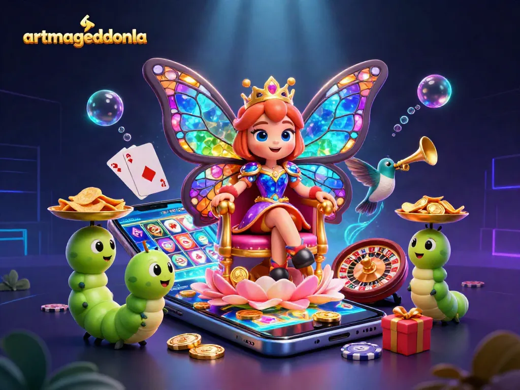 Experience the thrill of artmageddonla with a vibrant casino scene featuring a butterfly queen and golden chips.