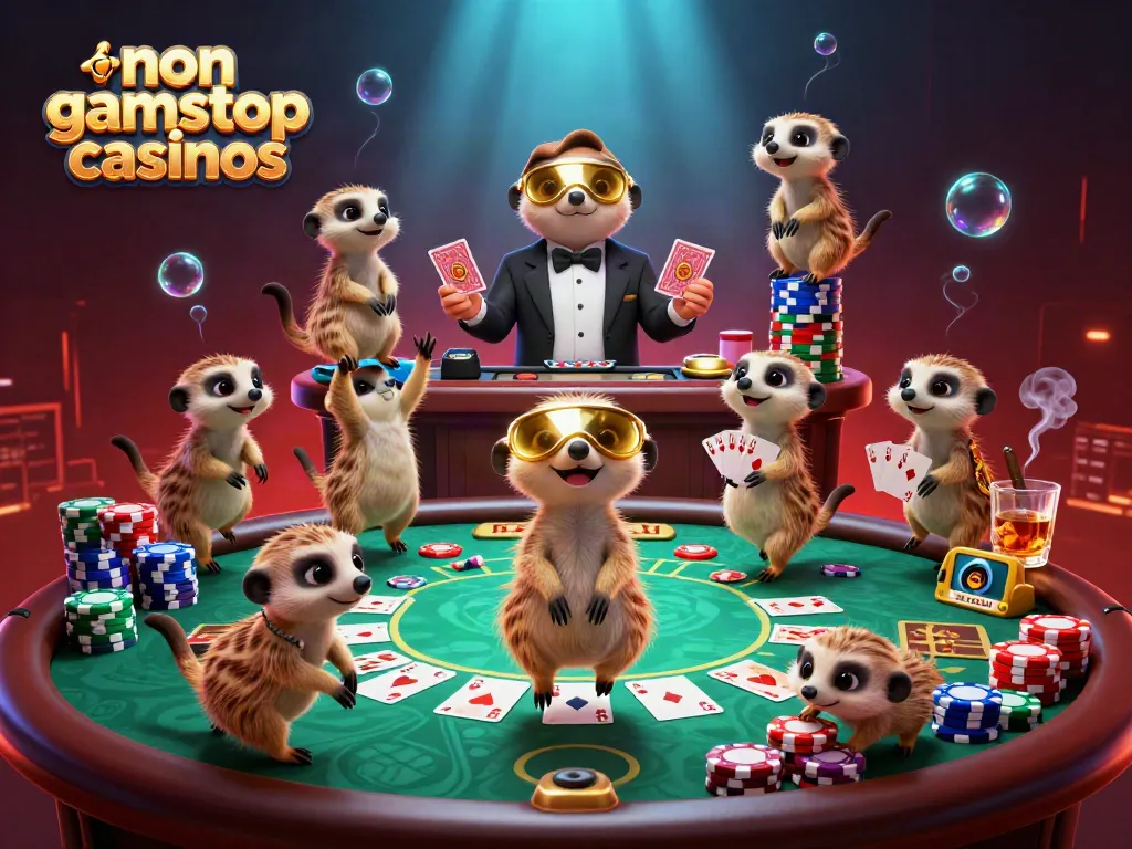 Engaging scene with meerkats featuring non gamstop casinos amidst vibrant casino elements, showcasing poker games and chips.