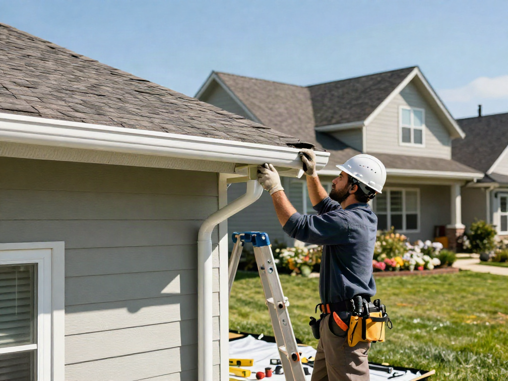 Professional installing Spokane gutter on a home with tools and landscaping.