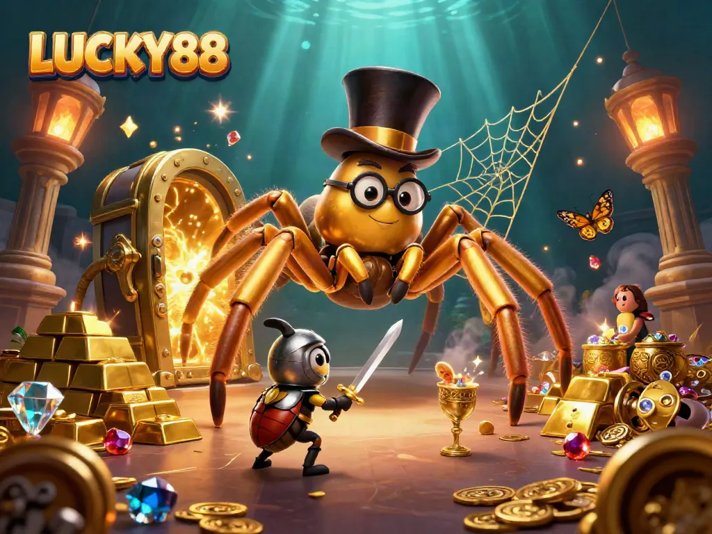 Experience the excitement of LUCKY88 with a golden tarantula and knight in a casino-themed adventure.