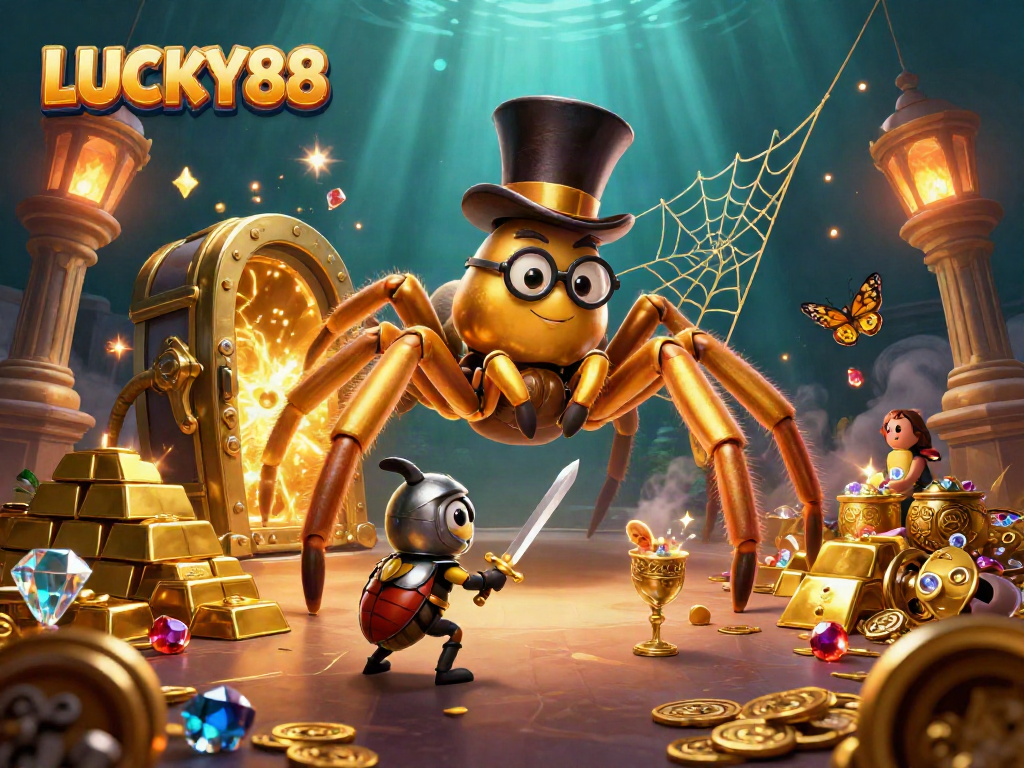 Experience the excitement of LUCKY88 with a golden tarantula and knight in a casino-themed adventure.