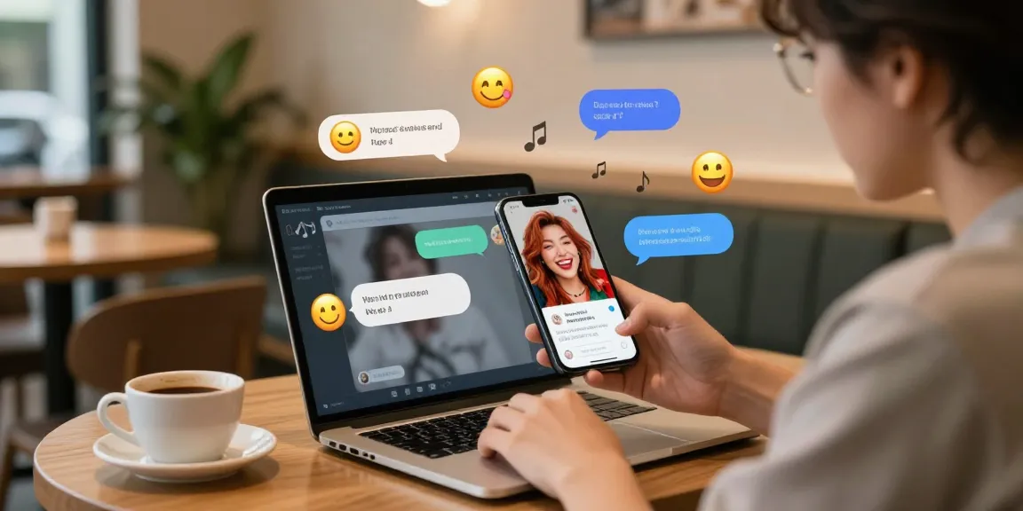 Engaging spicy chat scene with a user enjoying virtual conversation in a cozy cafe.