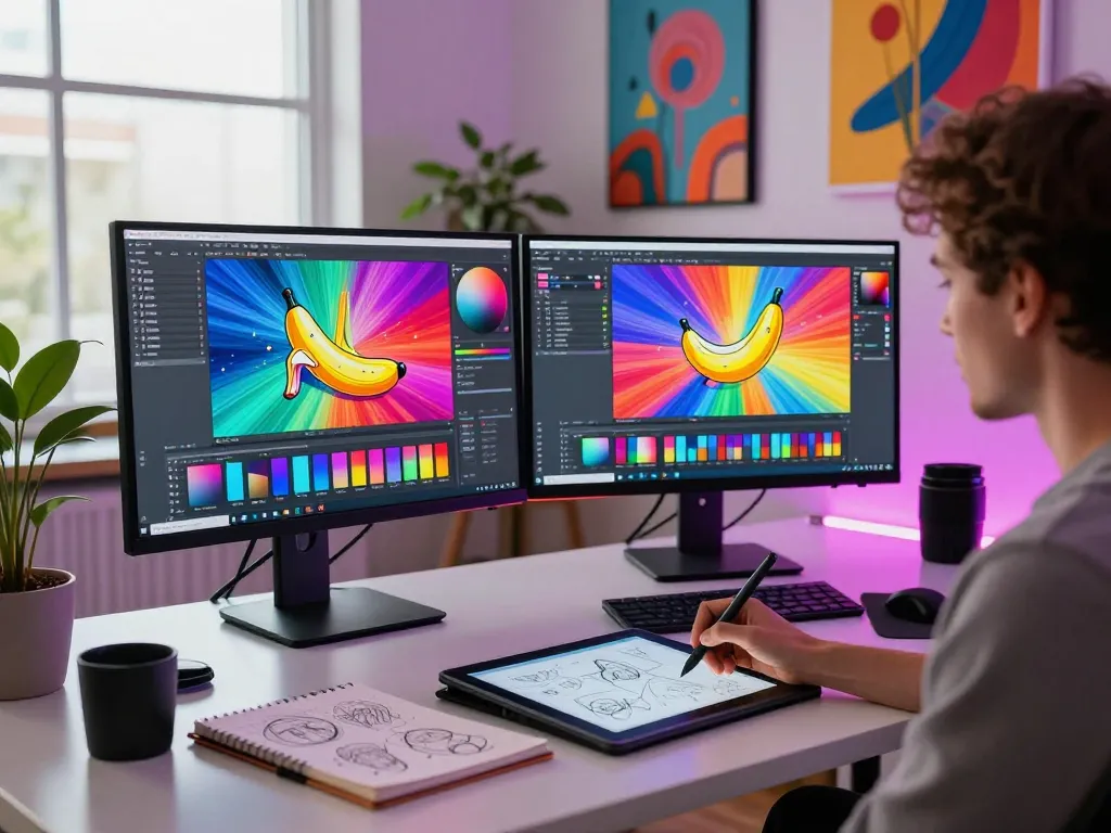 Creative artist utilizing nano banana flash technology in a vibrant workspace, showcasing AI-generated digital art.