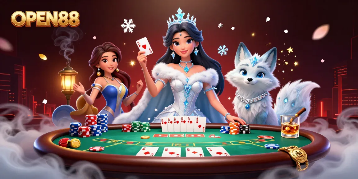 Engage in thrilling gameplay at OPEN88 with an enchanting casino scene featuring poker elements.