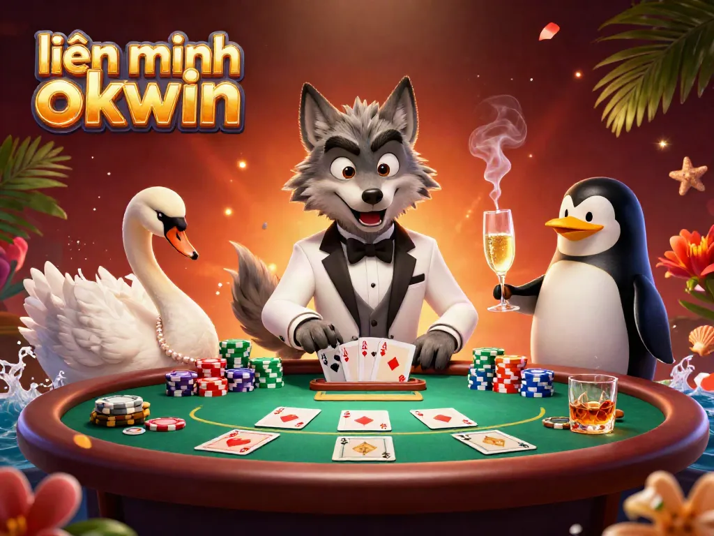 Engage with the vibrant world of liên minh okwin while enjoying a dynamic casino scene featuring a debonair wolf, swan dealer, and penguin sommelier.