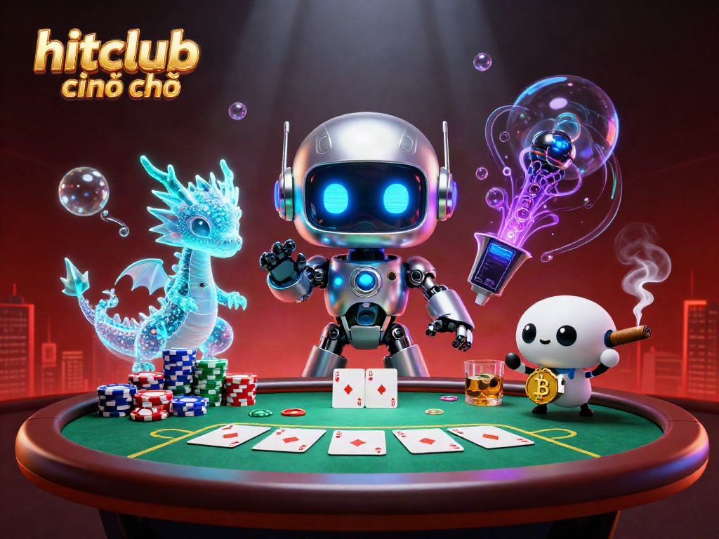 Experience excitement at hitclub chính chủ with a vibrant cartoon scene of a robot, holographic dragon, and drone in a casino.