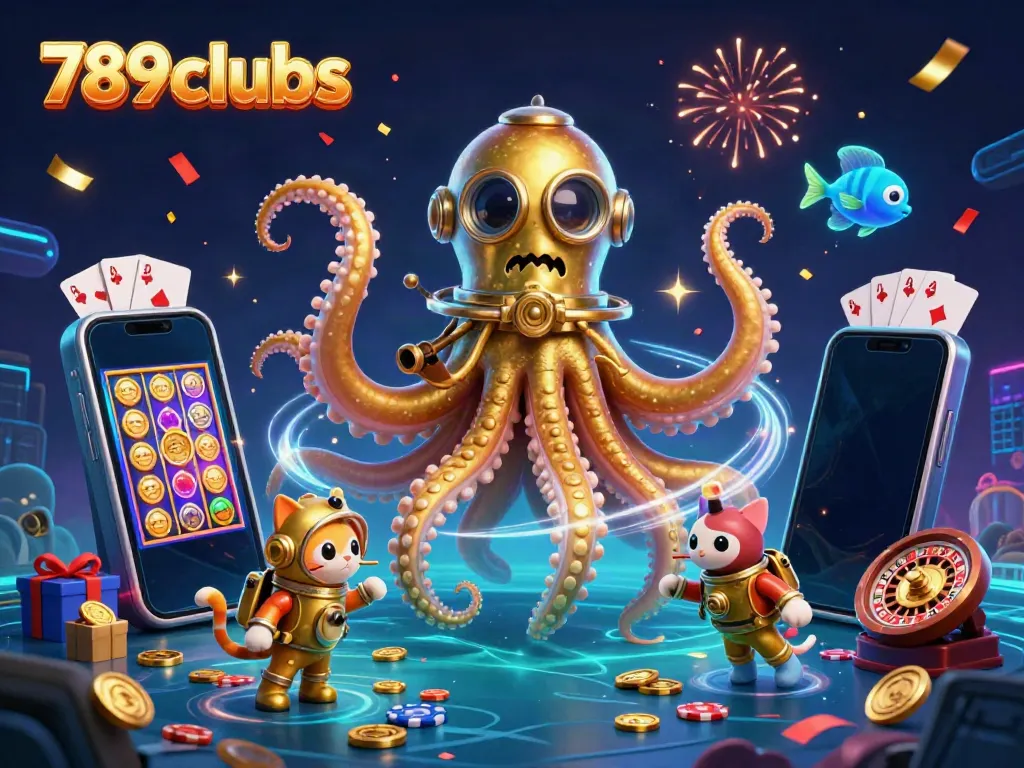 Experience thrilling gameplay with 789clubs, featuring a vibrant kraken and diving cat amidst exciting casino elements.