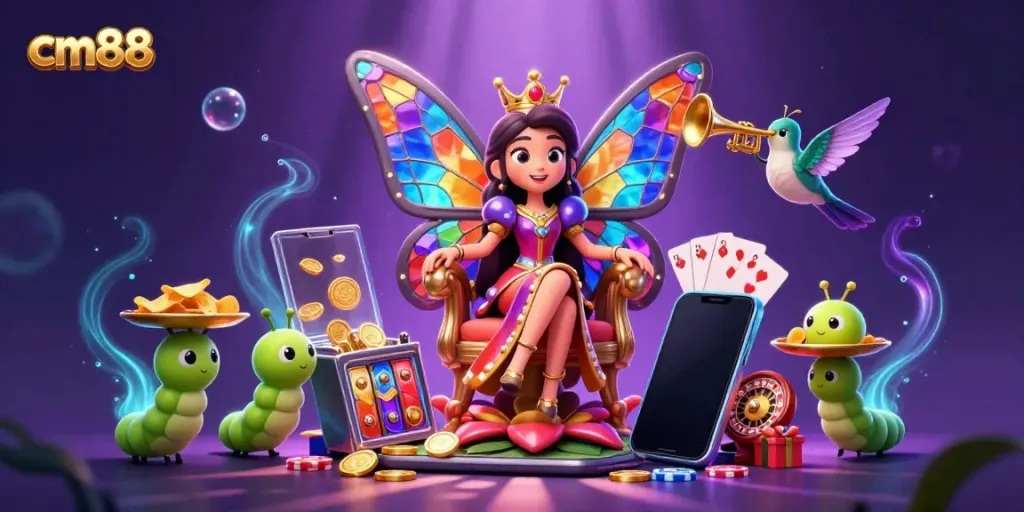 Experience the magic of cm88 with a butterfly queen and vibrant casino game elements in this captivating scene.