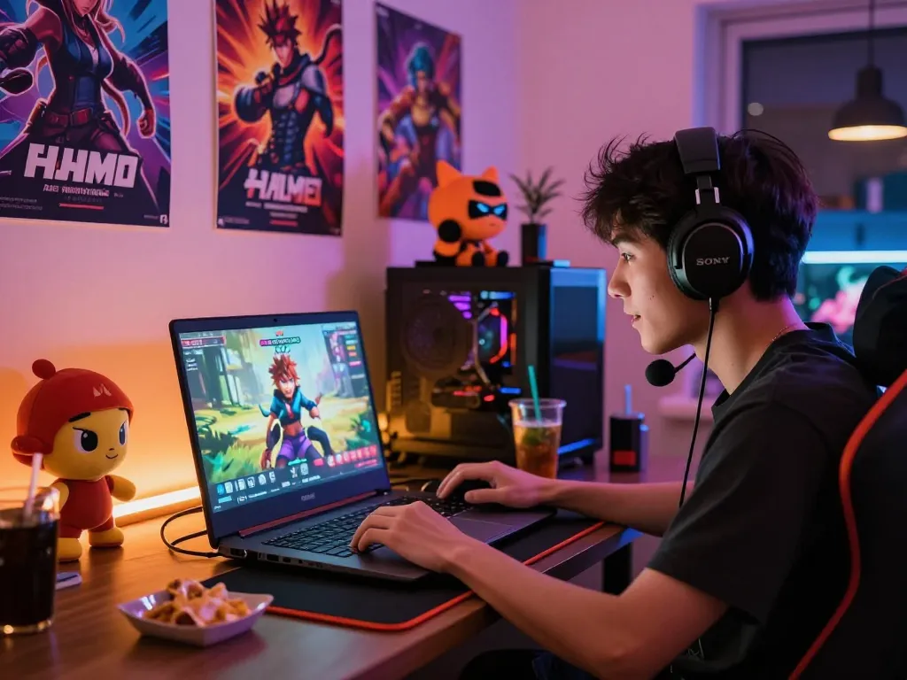 Engaging scene of a player enjoying a game porn visual novel on a laptop, creating a vibrant gaming atmosphere.