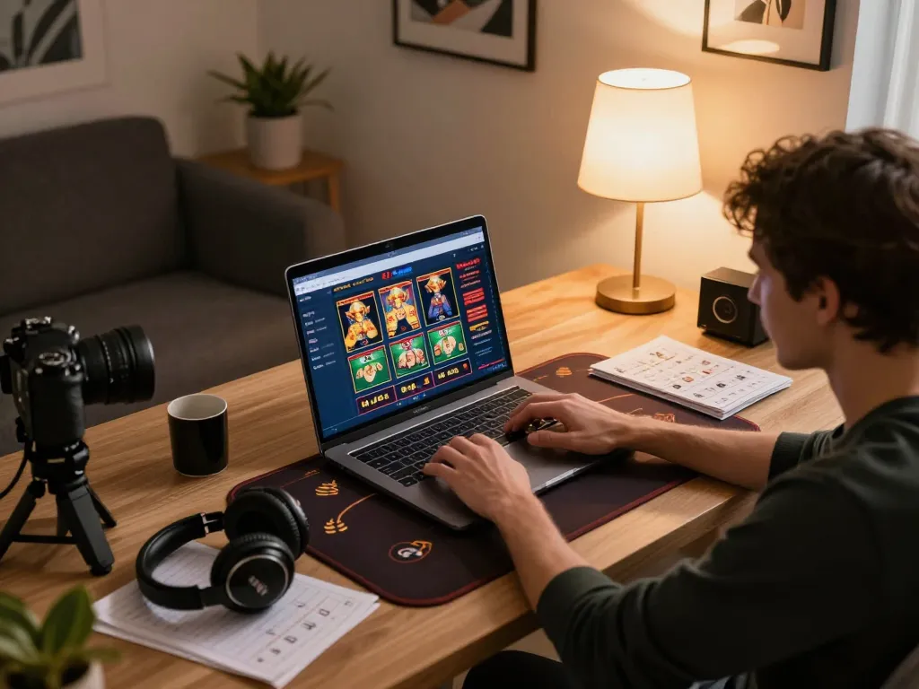 Engaging in hitclub online gambling with multiple games displayed on laptop, phone nearby for strategy