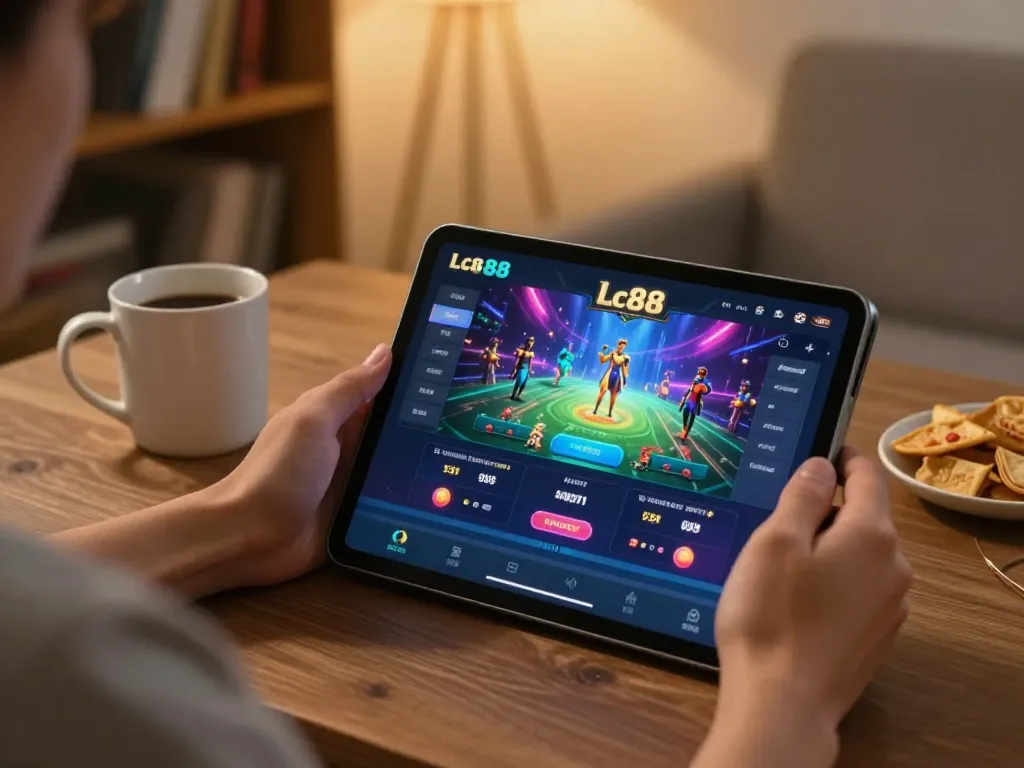 Engaged user plays Lc88 vin on tablet in cozy gaming setup at home