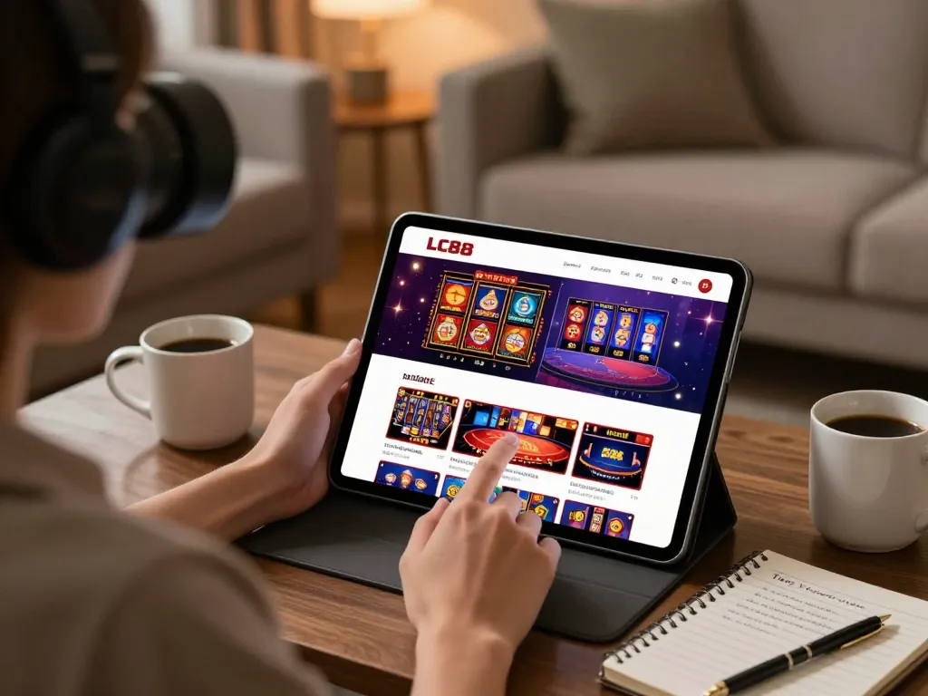 Player enjoying LC88 mobile app for online gambling in a cozy living room setup
